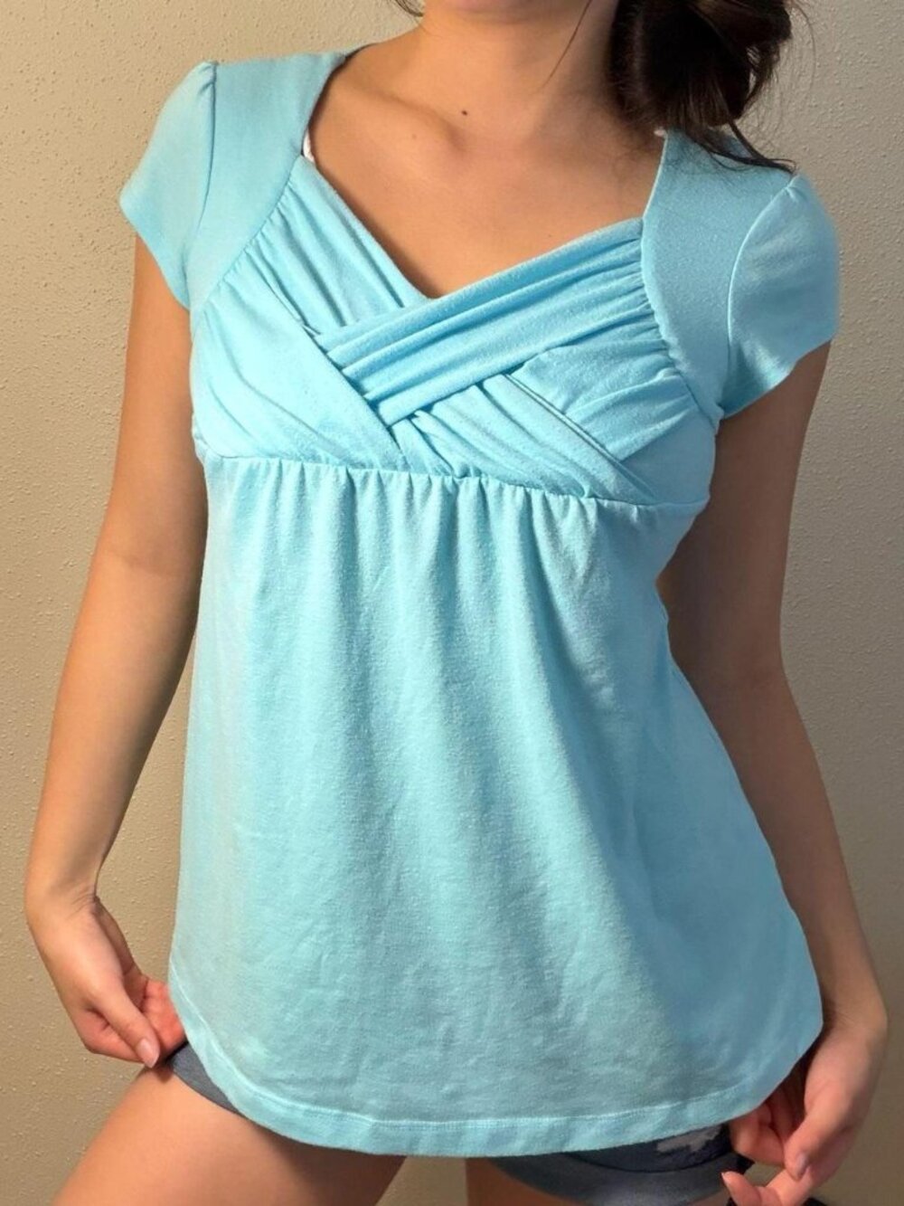 BCXgirl blue cap sleeve babydoll top with empire waist and back tie
